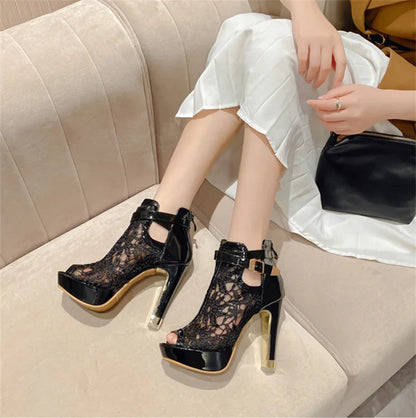 Hlieny Autumn Sexy Mesh Fabric Platform High Heels Boots Sandals Women Peep Toe Nightclub Party Stiletto Female Shoes