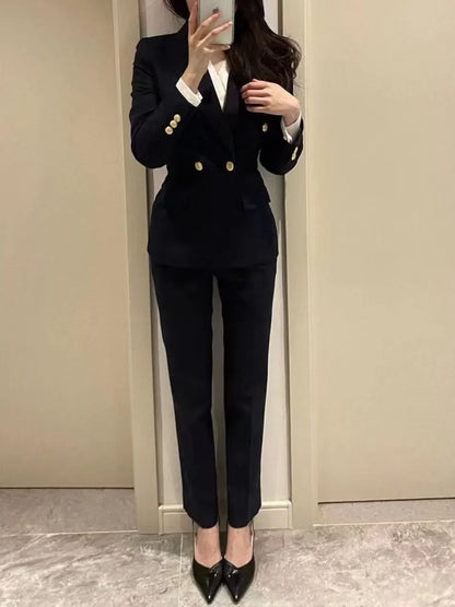 Navy Black Fashion Women Pant Suit Long Sleeve Solid Ladies Blazer and Trouser Formal 2 Piece Set For Autumn Winter