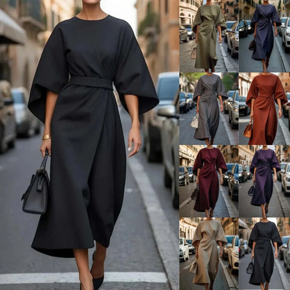 Spring Summer New Women's Fashion Style Elegant Solid Color Waist Dress Casual Bat Sleeve Long Dress Vestidos Para Mujer