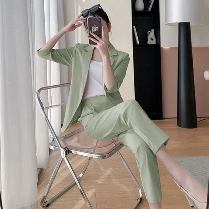 Korean Office Lady Summer Work Thin Solid Slim Blazers Pants Two Piece Set Women's Proffession Uniform Coat Trousers Outfits