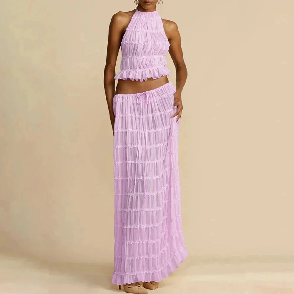 Beach Dresses Women 2024 Skirt Set Sleeveless Backless Cropped Halter Tops Drawstring Long Skirts Elegant Fashion 2 Piece Sets