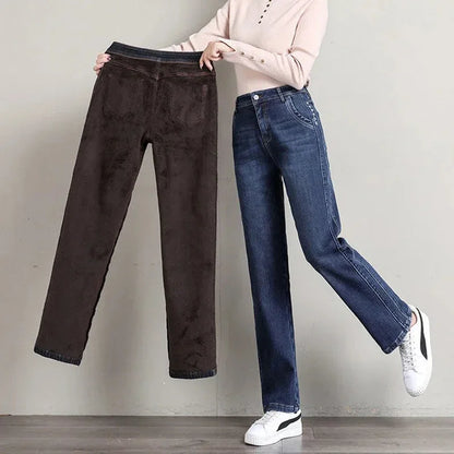 New Winter Thick Warm Fleece Women Straight Jeans Women Classic High Waist Thicken Fashion Warm Denim Pants Retro Cowboy Trouser