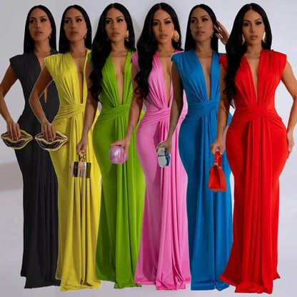 Dress Women Long Dresses Deep V Neck Sleeveless Solid Slim Fit Tight Waist Sexy Elegant Splice Hip Wrap Temperament Vestidos