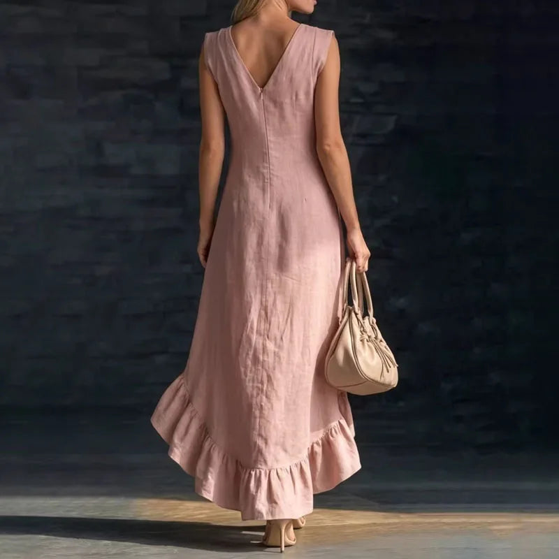 2026 Spring Sexy V Neck Solid Long Dresses Woman Elegant Ruffle Hem Irregular Party Dresses Summer Sleeveless Casual Beach Dress