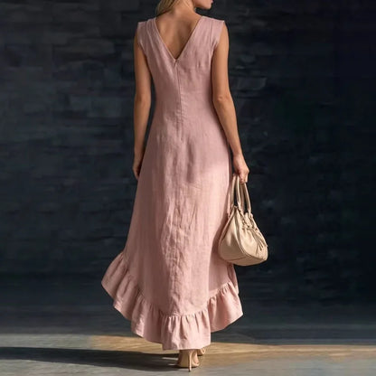 2026 Spring Sexy V Neck Solid Long Dresses Woman Elegant Ruffle Hem Irregular Party Dresses Summer Sleeveless Casual Beach Dress