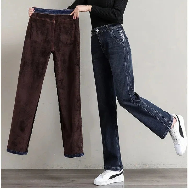 New Winter Thick Warm Fleece Women Straight Jeans Women Classic High Waist Thicken Fashion Warm Denim Pants Retro Cowboy Trouser