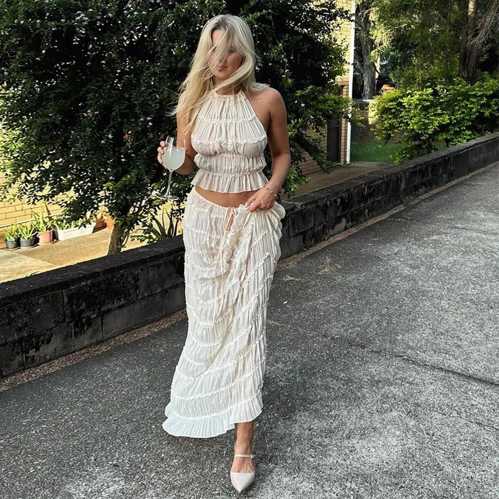 Beach Dresses Women 2024 Skirt Set Sleeveless Backless Cropped Halter Tops Drawstring Long Skirts Elegant Fashion 2 Piece Sets