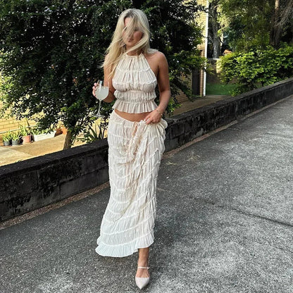 Beach Dresses Women 2024 Skirt Set Sleeveless Backless Cropped Halter Tops Drawstring Long Skirts Elegant Fashion 2 Piece Sets