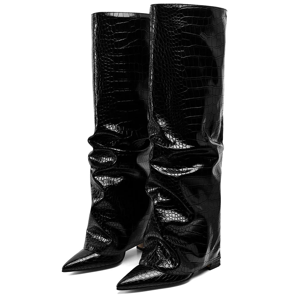 GIGIFOX Knee High Fashion Women Fold Over Boots Pleated Block High Heel Pointed Toe Shoes All-Match Street Snap Boots For Woman