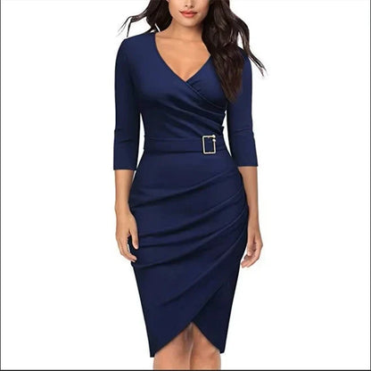 Office Lady Spring Dress V Neck Short Sleeve Dresses Women Pleat Bodycon Robe Vestido
