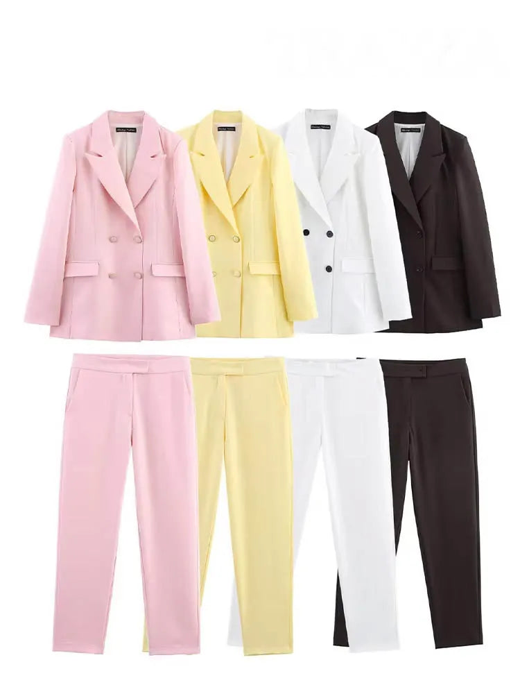 HH Women New Fashion Blazer Suit Lapel Double-Breasted Pocket Casual Coat+Chic High Waist Loose Zipper Slim Long Pants Suit
