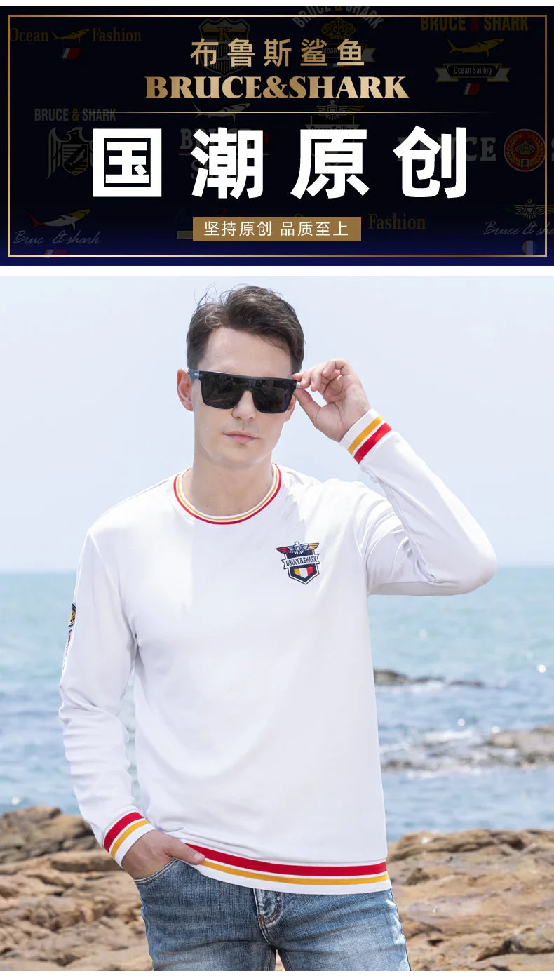 Spring New Men' T-Shirts Round Neck Solid Color Long sleeved Tops Bruce&Shark Thicken Stretch Cotton Men's Clothing Korea Style