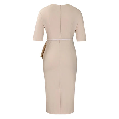 2024 Autumn Winter New Dress for Woman Square Neck Half Sleve Sheath Package Hips Belt Waisted Formal Work Bodycon Dress Midi OL