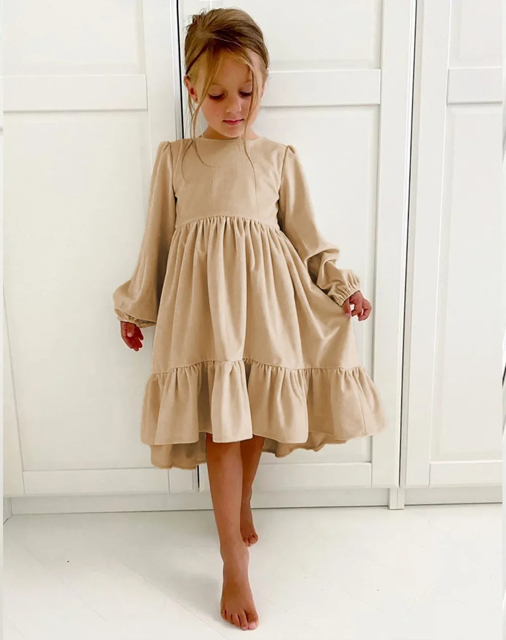 Children's Dress New Spring and Autumn Dress Girls' Ruffle Edge Long Sleeve Suede Dress Boys' Long Sleeve Corduroy Dress