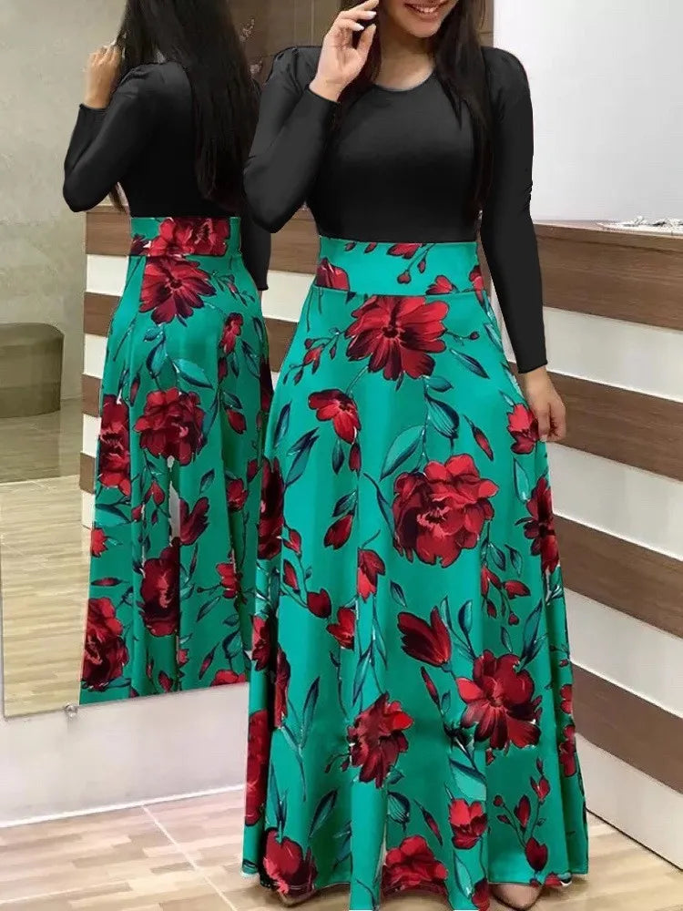 Autumn hot selling European and American flower color matching dresses, long dresses, women's clothing in stock