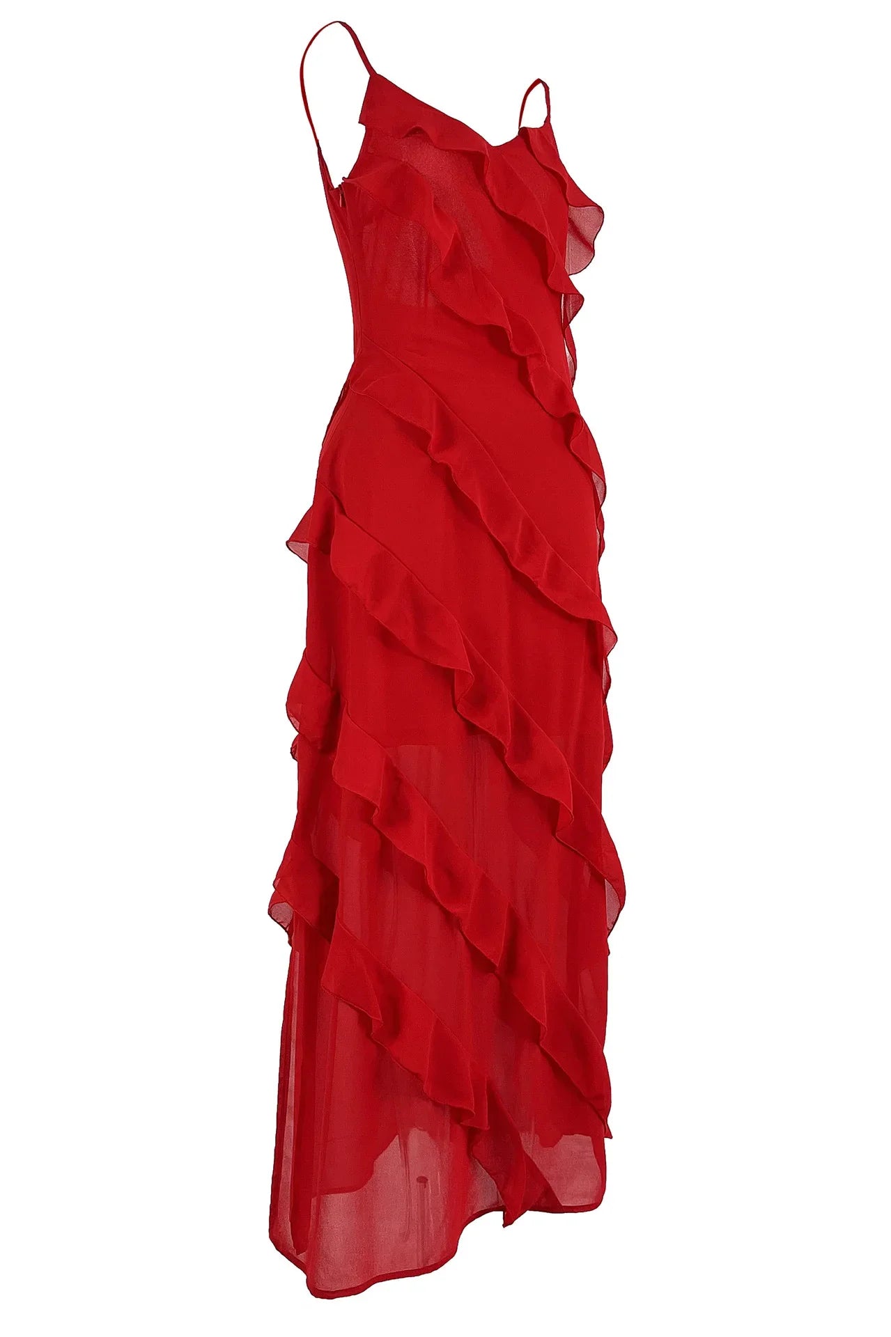 New 2026 Women's Ruffles Chiffon Maxi Dress Backlesss Split Sexy Porm Dress Red Long Summer Wedding Party Dress Elegant Vestidos