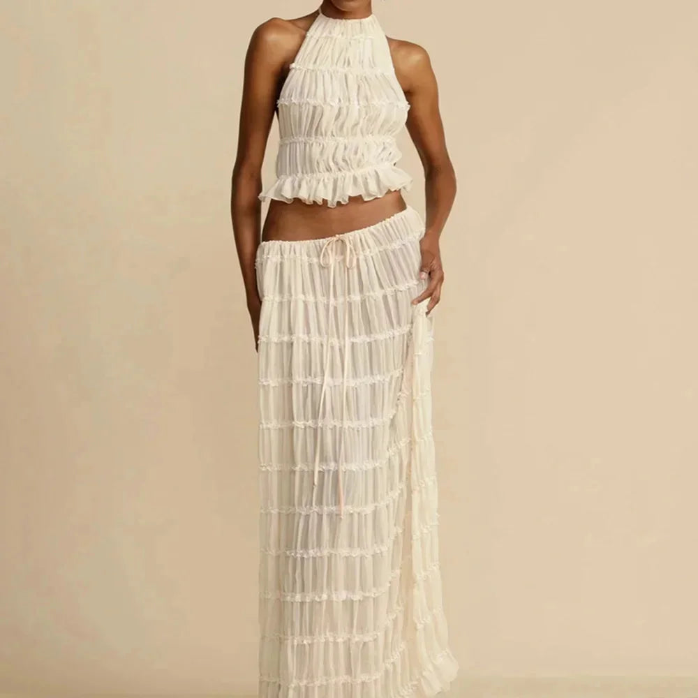 Beach Dresses Women 2024 Skirt Set Sleeveless Backless Cropped Halter Tops Drawstring Long Skirts Elegant Fashion 2 Piece Sets