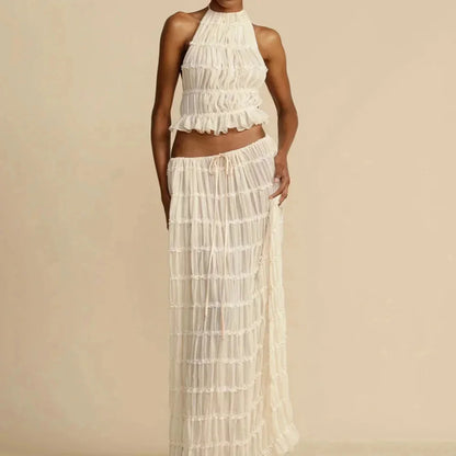 Beach Dresses Women 2024 Skirt Set Sleeveless Backless Cropped Halter Tops Drawstring Long Skirts Elegant Fashion 2 Piece Sets