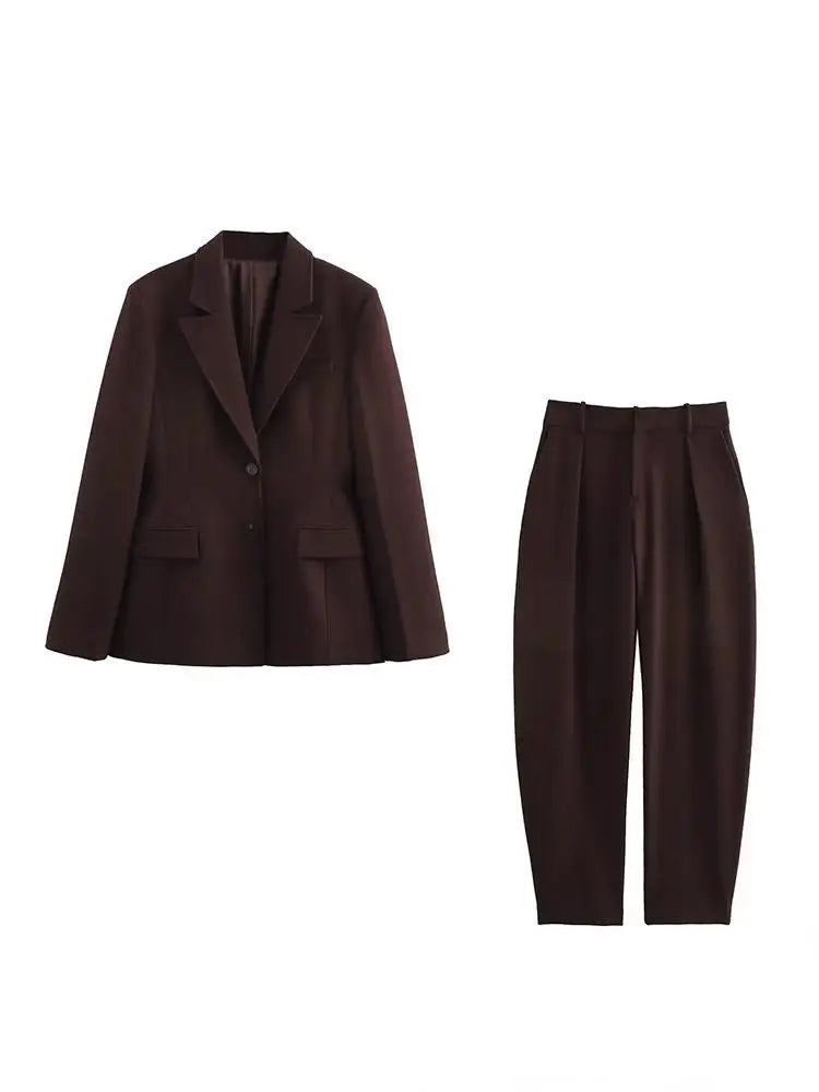 KONDALA Chic Casual Solid Women Suit Pockets Button Blazer Straight Loose Pants Zipper Skirt New Fashion 2025 Autumn Winter Sets