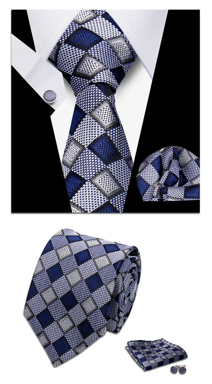 Classic Elegant Ties For Men Fashion Gifts Striped Solid Necktie Handchief Cufflink 3 Pcs Set Wedding Business Suit Accessories