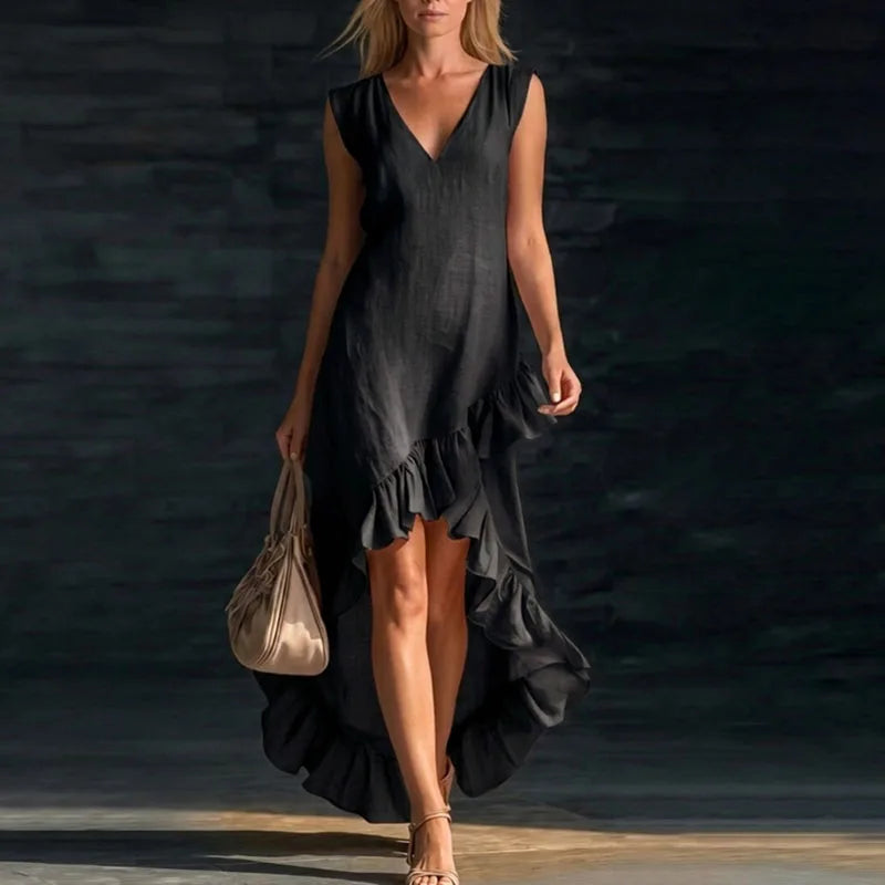 2026 Spring Sexy V Neck Solid Long Dresses Woman Elegant Ruffle Hem Irregular Party Dresses Summer Sleeveless Casual Beach Dress