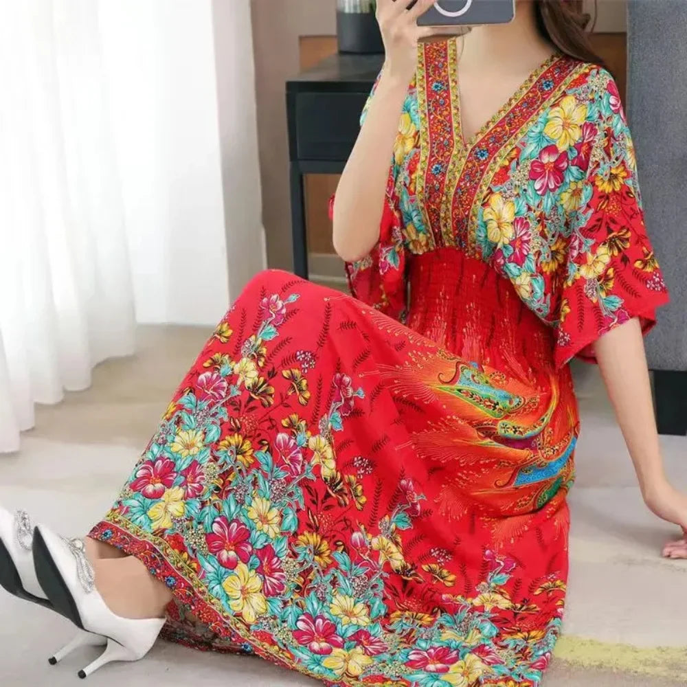 Spring New In Women's Dress V-Neck Short Sleeve Dress Elegant Sweet Print Dress Casual Retro Boho Elastic Waist A-Line Dress