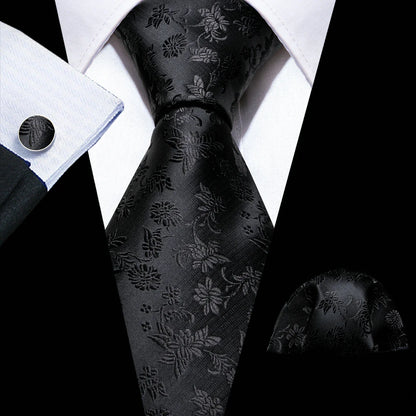 Barry.Wang Black White Gray Silver Silk Men Tie Handkerchief Cufflinks Set Jacquard Necktie for Male Wedding Business Party Gift