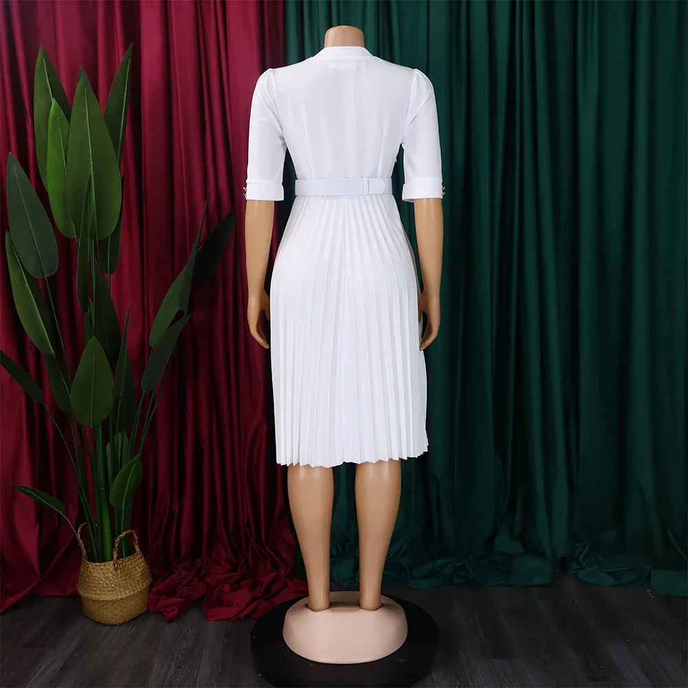 Elegant Office Pleated Dresses for Woman 2024 O Neck Buttons Belt Waisted Mid Calf Fashion Female Business Work Wear Dress Midi
