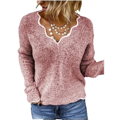 ALLUKASA 2025  Autumn Winter Women's Solid Color Long Sleeved V-neck Knitted Cute Pullover Sweater Loose