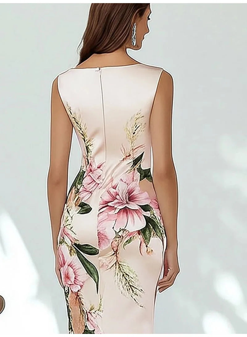 Sexy Bodycon Midi Dress Women 2025 Summer Sleeveless V-neck Slim Flower Print Dresses Elegant