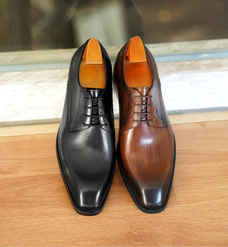 Men's Business Casual Shoes Distressed Wood Grain Square Toe Leather Derby Comfortable Office Wear Formal Dress Shoes Footwear