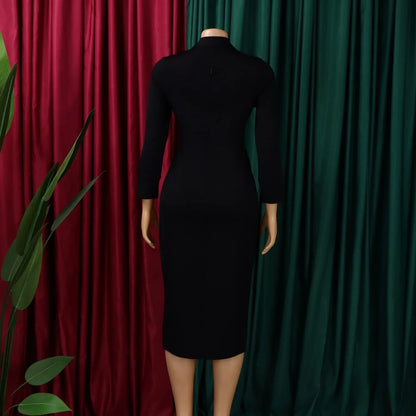 Elegant Bodycon Dresses for Women V Neck Full Sleeve Solid Sheath Package Hips Mid Calf Professional Business Work Dress Midi OL