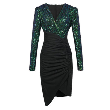 Fashion Lady Fake 2-Piece Sparkly Sequin Splic Irregular Evening Dress Women Clothing Elegant V-Neck Slim Party Birthday Vestido