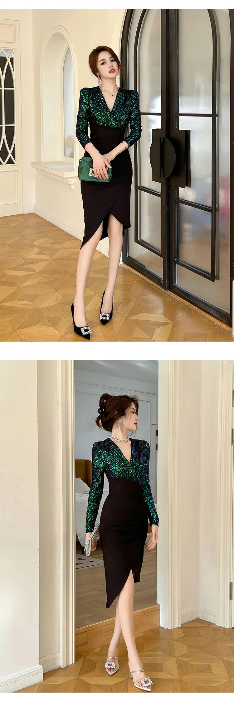 Fashion Lady Fake 2-Piece Sparkly Sequin Splic Irregular Evening Dress Women Clothing Elegant V-Neck Slim Party Birthday Vestido