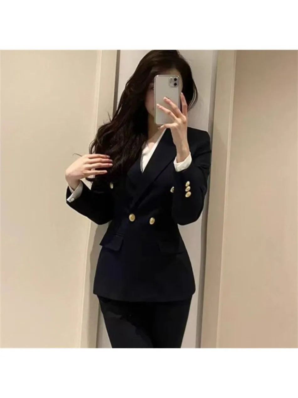 Navy Black Fashion Women Pant Suit Long Sleeve Solid Ladies Blazer and Trouser Formal 2 Piece Set For Autumn Winter
