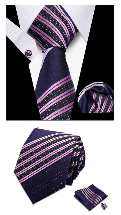 Classic Elegant Ties For Men Fashion Gifts Striped Solid Necktie Handchief Cufflink 3 Pcs Set Wedding Business Suit Accessories