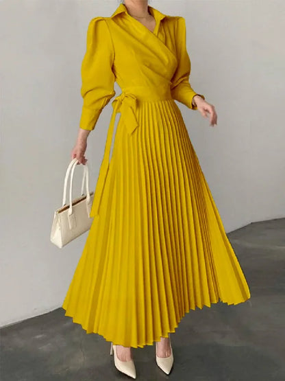 Spring Women Dress Solid Color Puff Sleeves Lace-up Waist A-line Pleated Dresses Elegant Commuter Dress for Office Ladies