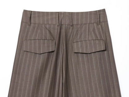 Office Lady Chic Brown Suits V Neck Striped Loose Blazer High Waist Wide Leg Pants Fashion Casual Women Suits Костюм Офисный