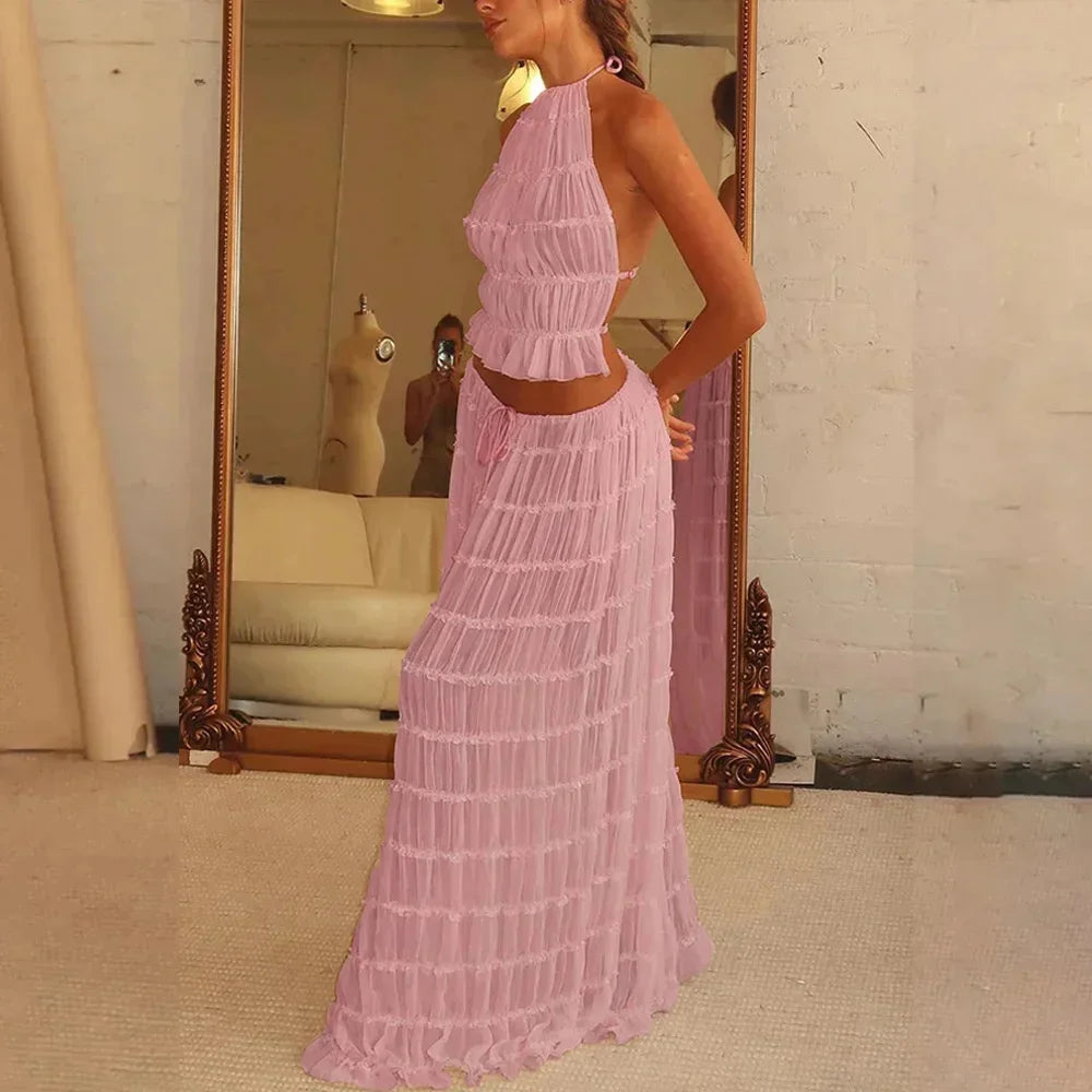 Beach Dresses Women 2024 Skirt Set Sleeveless Backless Cropped Halter Tops Drawstring Long Skirts Elegant Fashion 2 Piece Sets