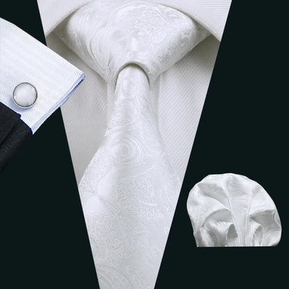 Barry.Wang Black White Gray Silver Silk Men Tie Handkerchief Cufflinks Set Jacquard Necktie for Male Wedding Business Party Gift