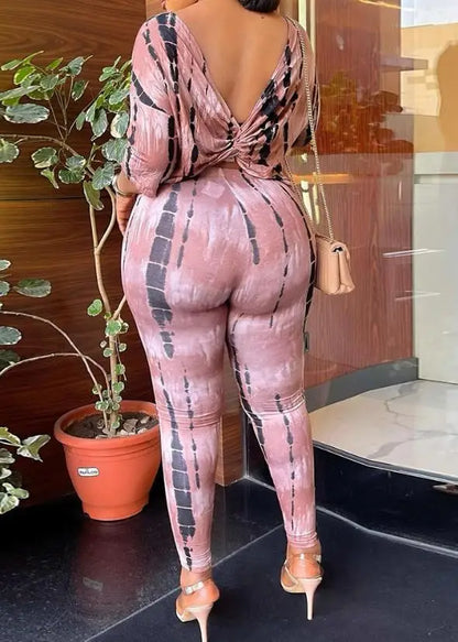 New Fashion 2023 Summer Casual Womens Two Piece Sets Outfit Tie Dye Print Twisted Backless Top & Pants Set Sexy Female Suit