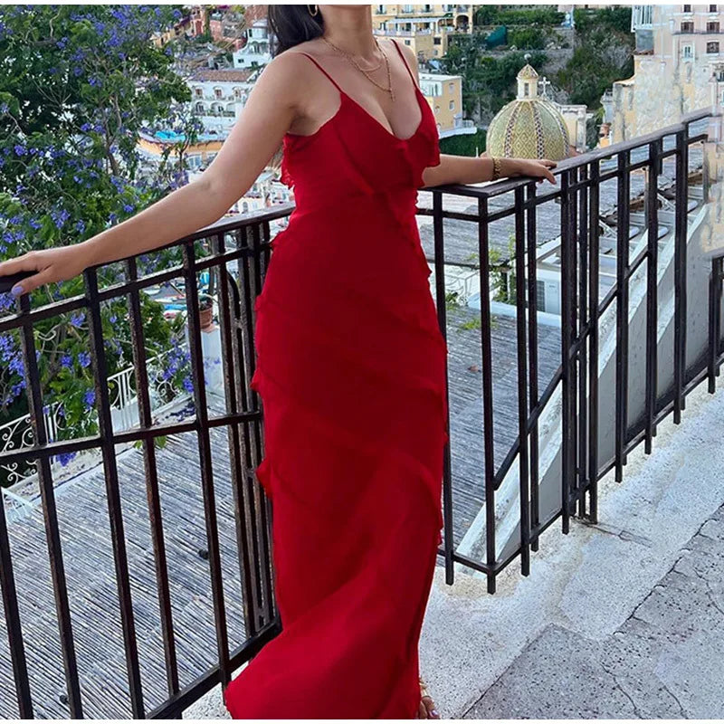 New 2026 Women's Ruffles Chiffon Maxi Dress Backlesss Split Sexy Porm Dress Red Long Summer Wedding Party Dress Elegant Vestidos