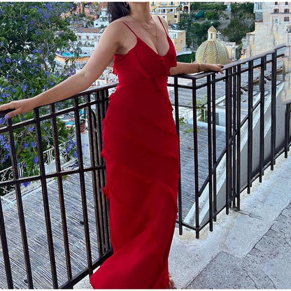 New 2026 Women's Ruffles Chiffon Maxi Dress Backlesss Split Sexy Porm Dress Red Long Summer Wedding Party Dress Elegant Vestidos