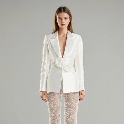 Patchwork Appliques Casual Blazers For Women Notchd Collar Long Sleeve Spliced Pearls Hollow Out Temperament Blazer Female