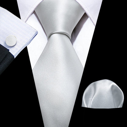 Barry.Wang Black White Gray Silver Silk Men Tie Handkerchief Cufflinks Set Jacquard Necktie for Male Wedding Business Party Gift