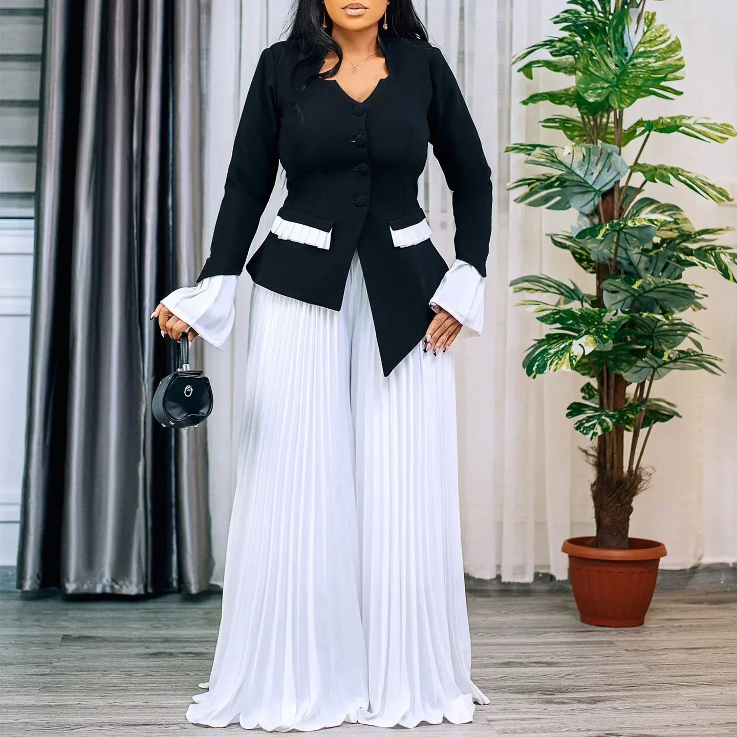 CM.YAYA Women's Set Full Flare Sleeve Button Blazer Shirt + Pleated Long Pants Suit Streetwear Two 2 Piece Set Africa OL Outfits