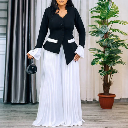 CM.YAYA Women's Set Full Flare Sleeve Button Blazer Shirt + Pleated Long Pants Suit Streetwear Two 2 Piece Set Africa OL Outfits