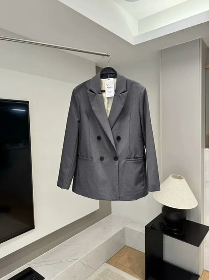 ETJ 2025  Women's Spring New suit Set with shoulder padded double-breasted blazer & high-waisted pleated wide-legged pants