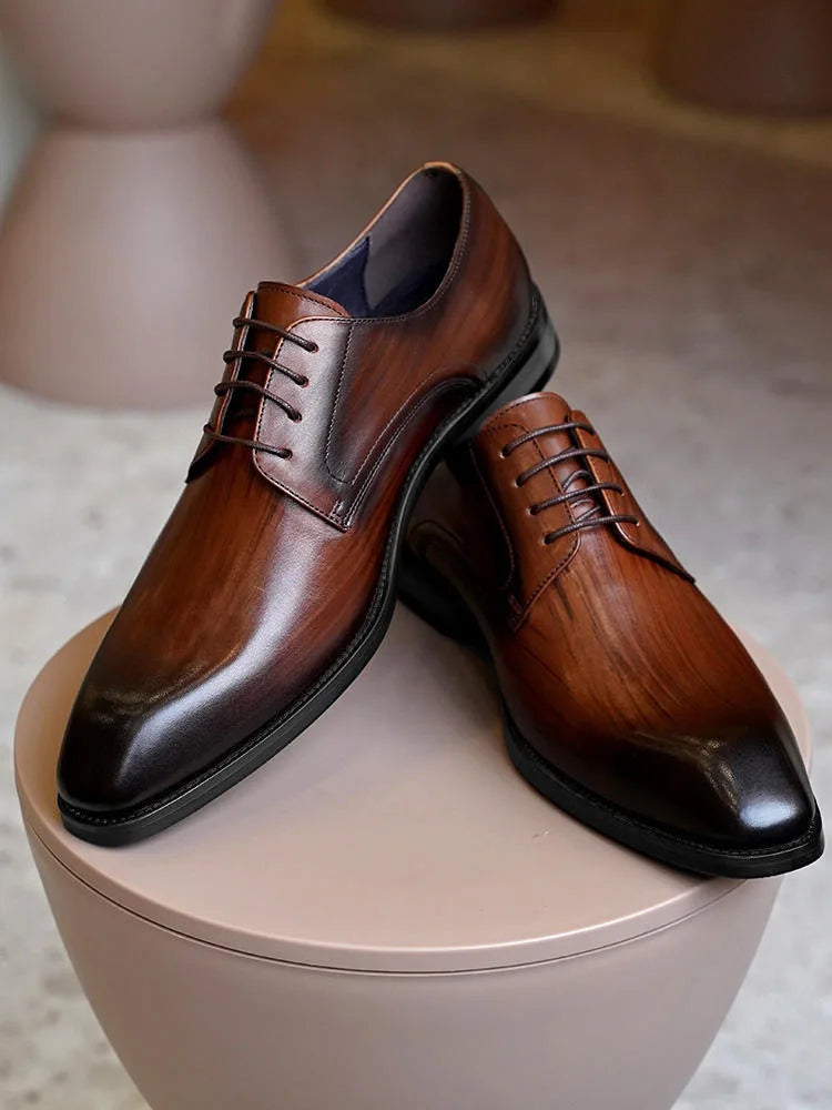 Men's Business Casual Shoes Distressed Wood Grain Square Toe Leather Derby Comfortable Office Wear Formal Dress Shoes Footwear