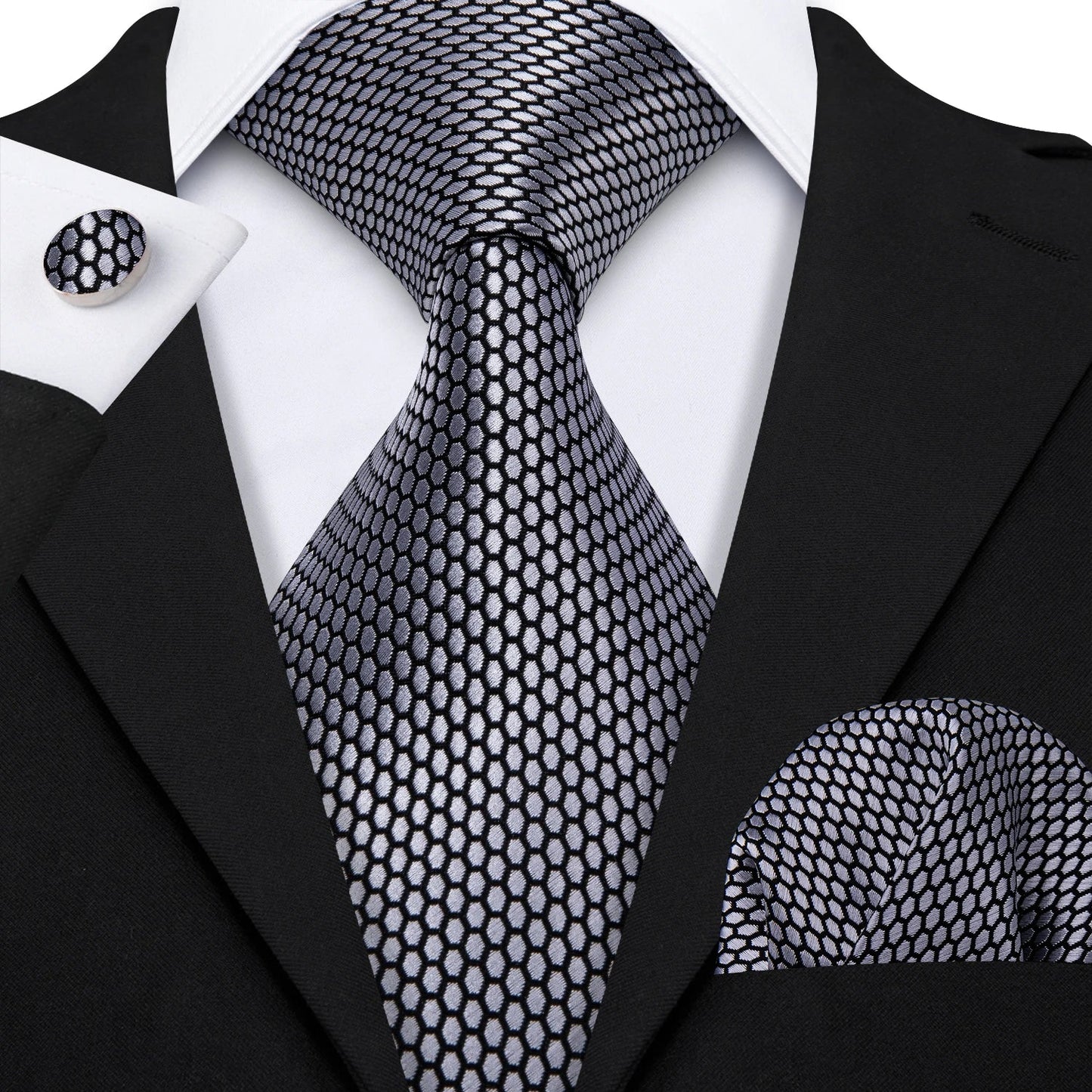Barry.Wang Black White Gray Silver Silk Men Tie Handkerchief Cufflinks Set Jacquard Necktie for Male Wedding Business Party Gift